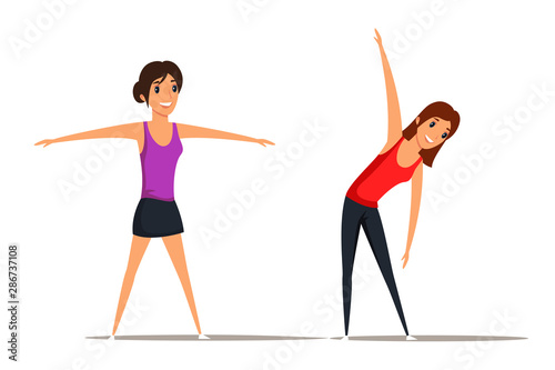 Girls do stretching exercises illustrations set