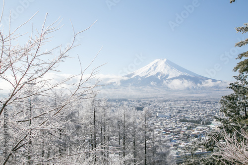 Mt. Fuji on top view from Fujiyoshida in winter, Japan