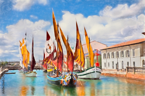Cesenatico, Emilia Romagna, Italy: watercolor painting of the ancient fishing boats