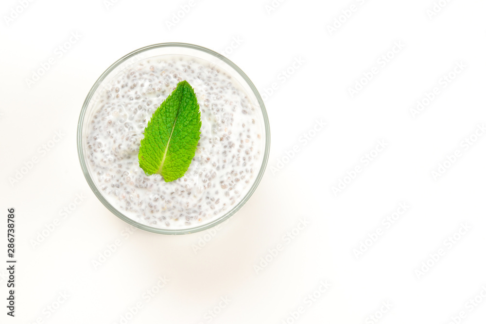 Chia pudding with mint on a white background. Space for text or design. Chia pudding with mint on a white background. Space for text or design.