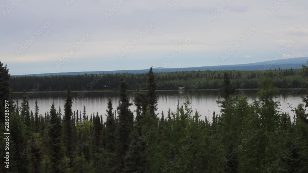 Pan of Top of Forest Trees With River in Background and Mountains in Far Distance in Alaska on a Cloudy Day