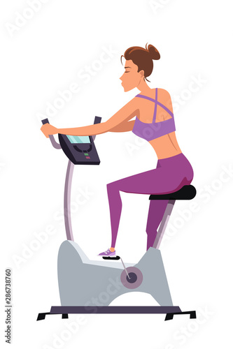 Girl on stationary bike flat vector illustration
