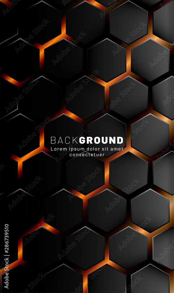 Vertical hexagon background. Gradient color light pattern with dark background technology style. Honeycomb. Vector illustration of light.