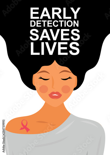 Early detection saves lives.Woman portrait with pink ribbon - symbol of breast cancer. Breast cancer awareness month poster. Vector concept. 