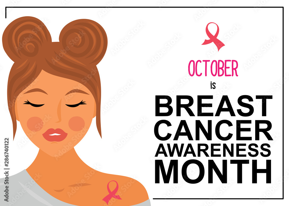 Breast Cancer awareness month.Woman portrait with pink ribbon - symbol of breast cancer. Breast Cancer awareness month.Woman portrait with pink ribbon - symbol of breast cancer.