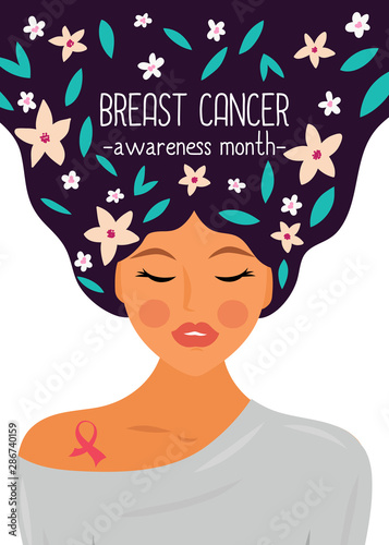Woman portrait with pink ribbon - symbol of breast cancer.  Breast cancer awareness month poster. Breast cancer banner. 