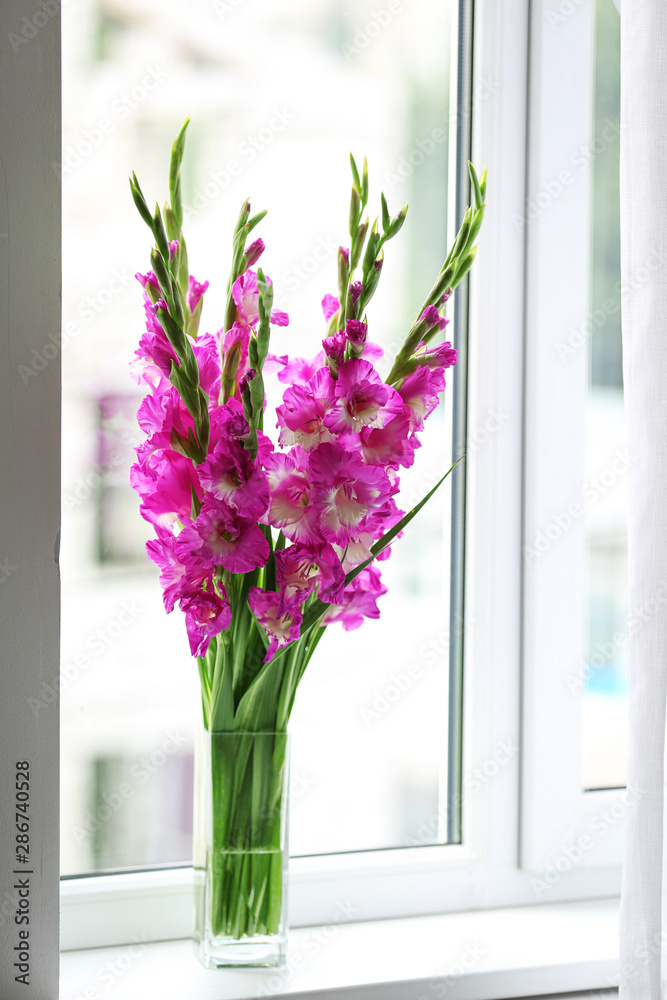Vase with beautiful pink gladiolus flowers on windowsill