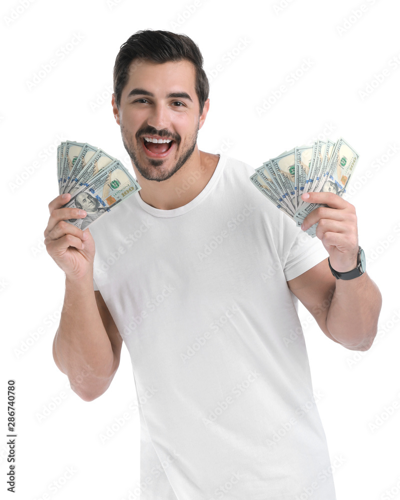 Handsome young man with dollars on white background Handsome young man with dollars on white background