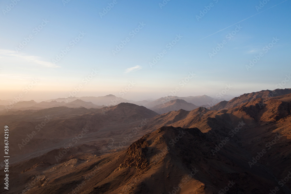 Beautiful view of the valley at sunrise in the mountains. meeting of the dawn in the desert. Egypt