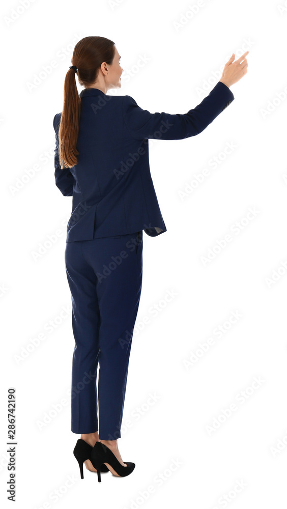 Professional business trainer showing at something on white background Professional business trainer showing at something on white background