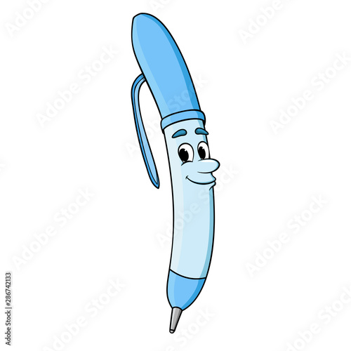 cartoon blue pen with face. school stationery. vector isolated