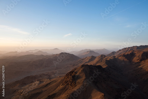 Beautiful view of the valley at sunrise in the mountains. meeting of the dawn in the desert. Egypt