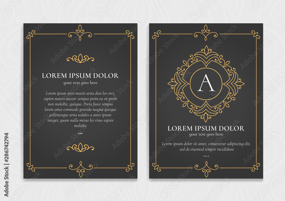 Gold vintage greeting card design with a black background. Luxury vector ornament template. Great for invitation, flyer, menu, brochure, wallpaper, decoration, or any desired idea.