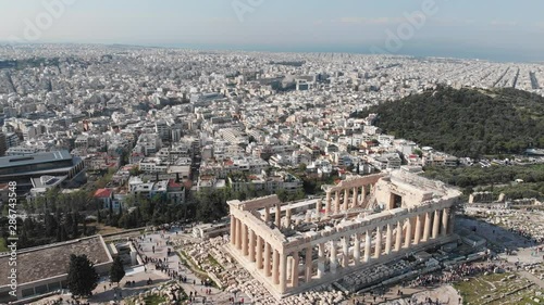 Aerial Drone View of Acropolis and the Partheon - Ancient Greece Citadel, Athens Historic Centre, City View on the Background of Ancient Ruins, Attica, Greece photo