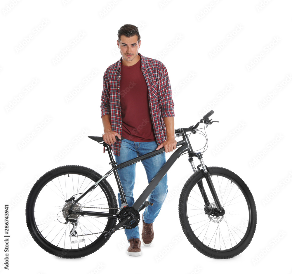 Handsome young man with modern bicycle on white background Handsome young man with modern bicycle on white background