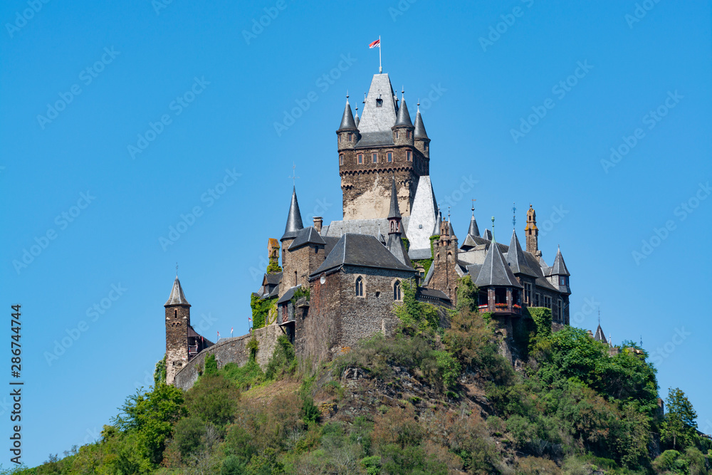View on German town Cochem located in Mosel river valley, quality wine regio in Germany