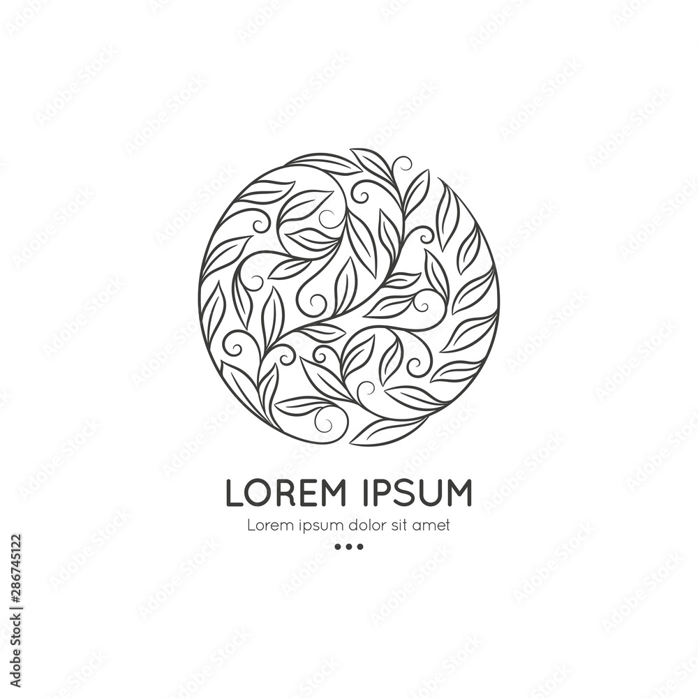 Black logo with a linear leaf ornament in a circle shape. Can be used as monogram and emblem. Luxury vintage vector template with elegant elements. Great for wallpaper or background decoration.