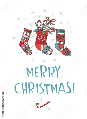 Merry Christmas doodle greeting card background. Socks, bells, snowflakes, decoration and presents.
