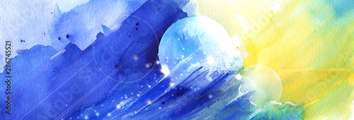 Fantasy World.Blue waves against yellow background. Abstract circles and stars. Copy space.