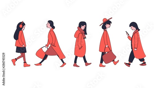 Girls and women in outerwear are on business, taking a walk. Running people set.