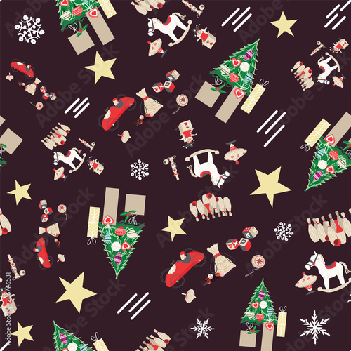 Traditional retro toys seamless pattern with christmas trees and gift boxes. Vector.