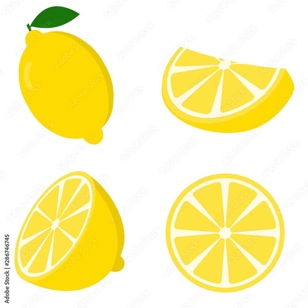 Fresh lemon fruits, collection of vector illustrations isolated on white background
