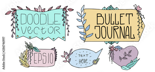 Cute Hand drawn Banners for your Design. Label for Notebook, Diary. Bullet Journal Frames Vector.