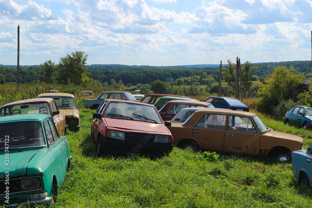 many abandoned rusty cars on a field in the grass many abandoned rusty cars on a field in the grass