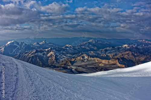 Dawn on Mount Elbrus in summer while climbing.