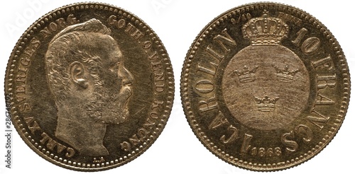 Sweden Swedish golden coin 1 one carolin or 10 ten francs 1868, head of King Carl XV right, round shield with three crowns on striped background, crown on top, denominations flank, photo