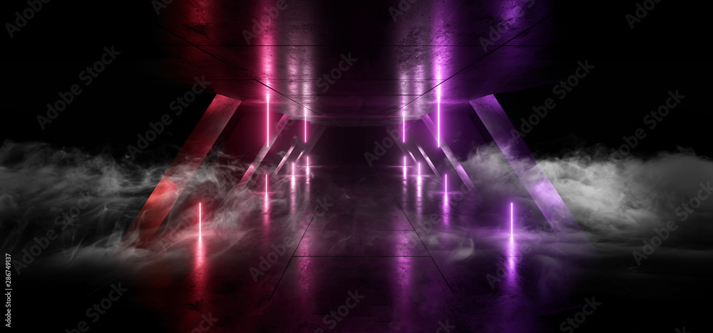 Smoke Neon Laser Glowing Red Purple Corridor Sci Fi Futuristic Hallway Tunnel Underground Alien Spaceship Dance Disco Showroom Background Vibrant Beam Gateway 3D Rendering