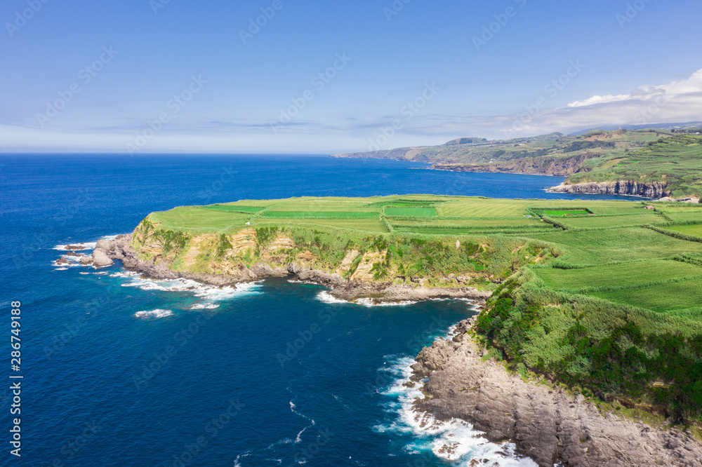 Sao Miguel, landscape Azores, Portugal, aerial drone wide view