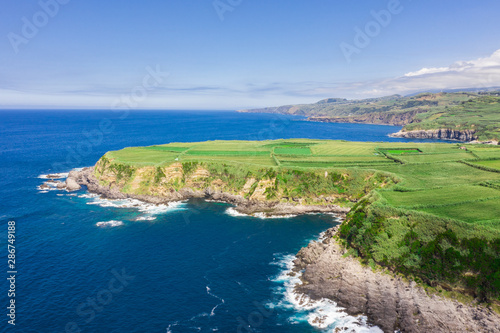 Sao Miguel, landscape Azores, Portugal, aerial drone wide view