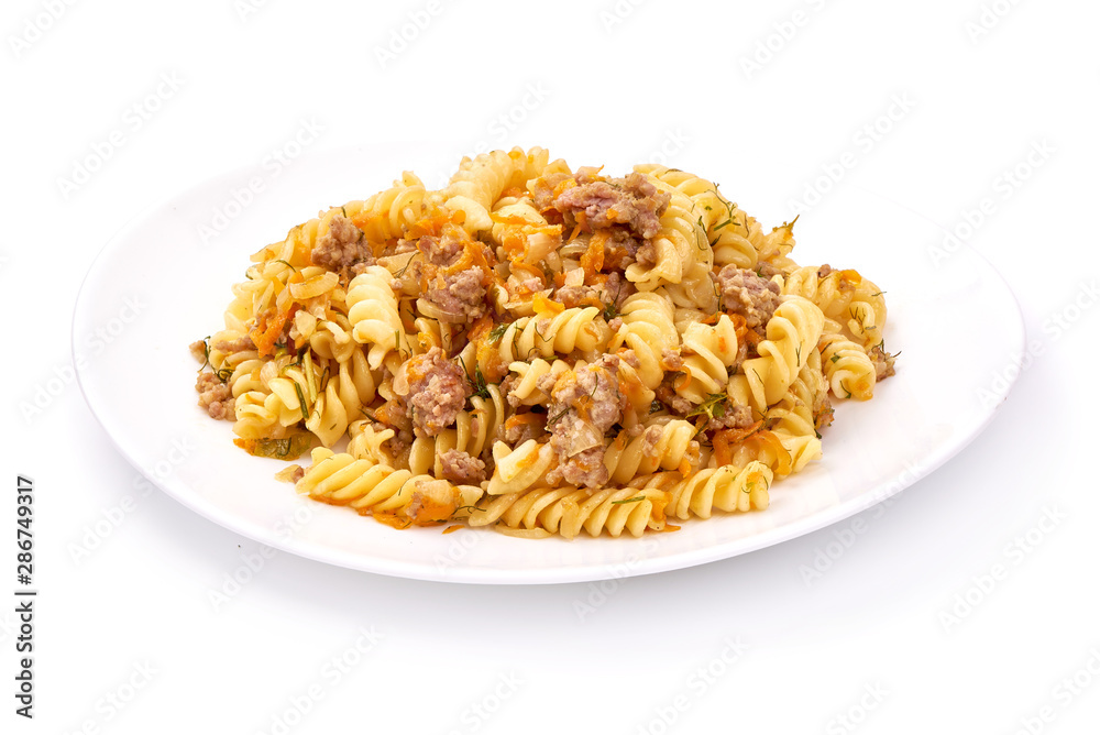 Pasta with minced meat, Fusilli Bolognese, isolated on white background Pasta with minced meat, Fusilli Bolognese, isolated on white background