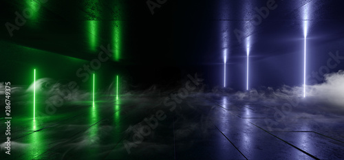 Fototapeta Naklejka Na Ścianę i Meble -  Smoke Neon Laser Glowing Green Blue Arc Lines Virtual Sci Fi Futuristic Concrete  Tunnel Corridor Showroom Night Dark Empty Background Spaceship Club 3D Rendering