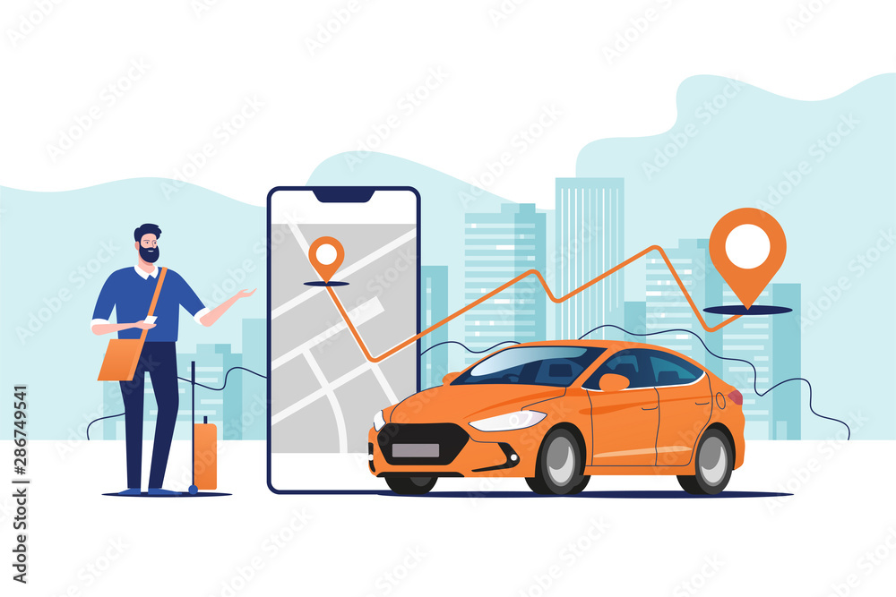 Online ordering taxi car, rent and sharing using service mobile application. Man near smartphone screen with route and points location on a city map on the car and urban landscape background.