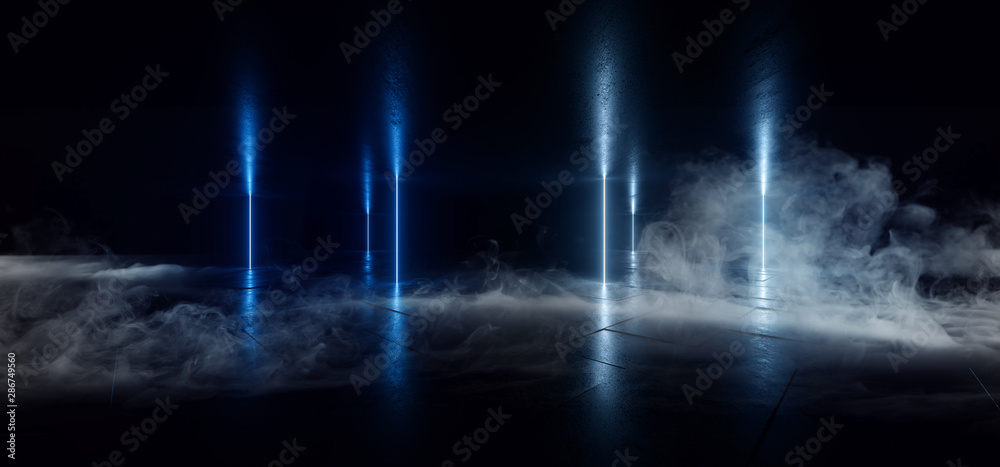 Fototapeta premium Smoke Neon Laser Glowing Blue Arc Pylons Lines Sci Fi Futuristic Grunge Concrete Tunnel Corridor Showroom Night Dark Empty Background Spaceship Club 3D Rendering