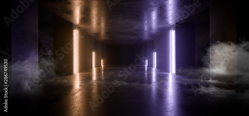 Smoke Neon Laser Glowing Orange Purple Arc Pylons Lines Sci Fi Futuristic Grunge Concrete  Tunnel Corridor Showroom Night Dark Empty Background Spaceship Club 3D Rendering © IM_VISUALS