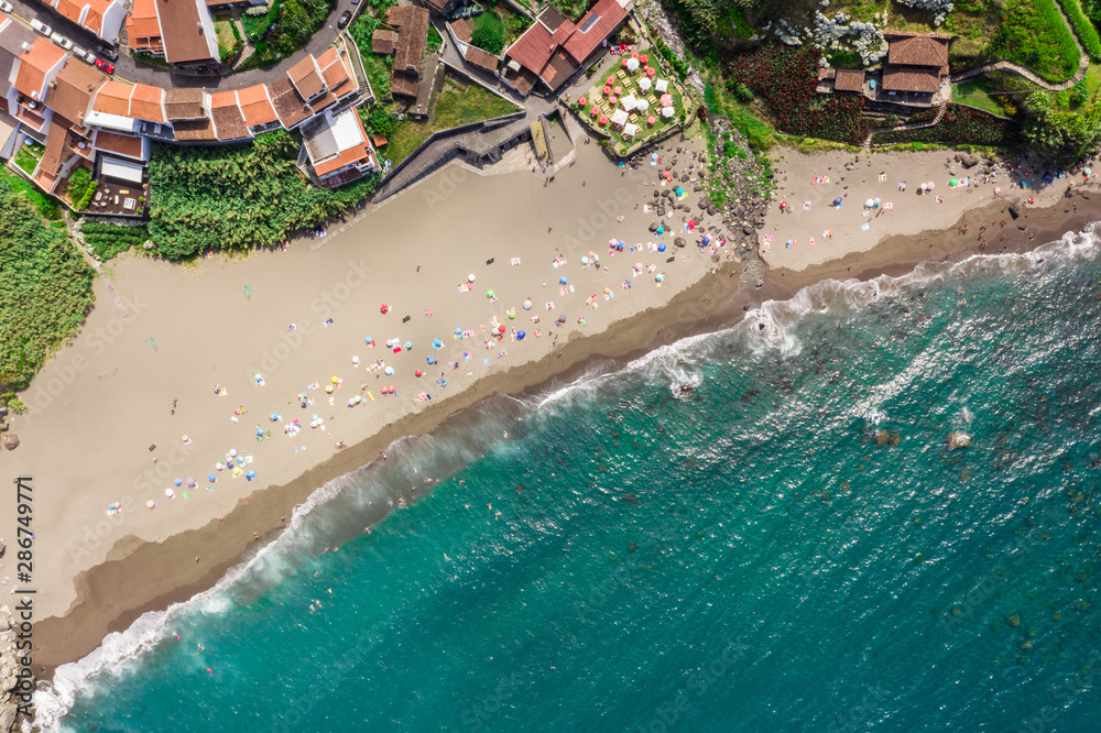 Praia dos Moinhos, beach, Sao Miguel, Azores, Portugal, aerial drone wide view