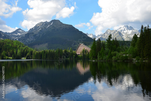 Lake Strbsk   pleso and Hotel Patria in the High Tatras.
