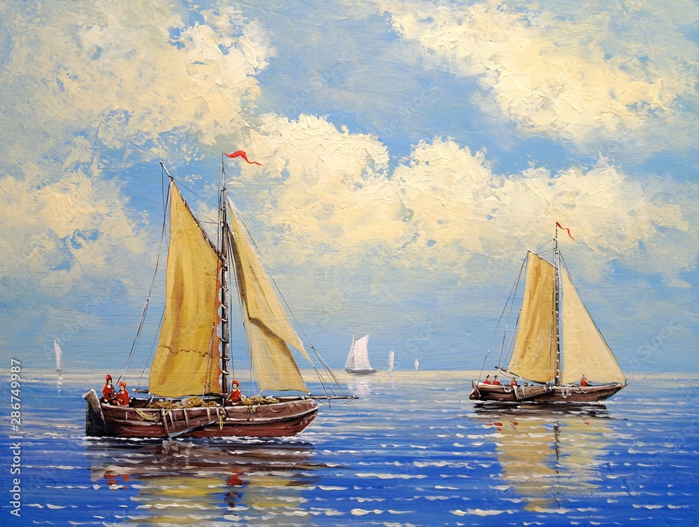 Oil paintings sea landscape. Ffisherman, sailing ship on the sea.  Fine art.