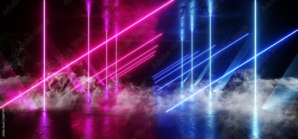 Fototapeta premium Smoke Neon Laser Glowing Purple Blue Triangle Corridor Sci Fi Futuristic Hallway Tunnel Underground Alien Spaceship Dance Disco Showroom Background Vibrant Beam Gateway 3D Rendering