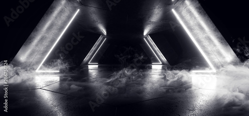 Fototapeta Naklejka Na Ścianę i Meble -  Smoke Neon Laser Glowing White Sci Fi Futuristic Grunge Concrete Triangle Shape Tunnel Corridor Showroom Night Dark Empty Background Spaceship Club 3D Rendering