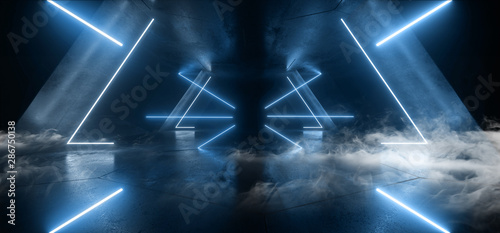 Smoke Neon Laser Glowing Blue Triangle Corridor Sci Fi Futuristic Hallway Tunnel Underground Alien Spaceship Dance Disco Showroom Background Vibrant Beam Gateway 3D Rendering © IM_VISUALS