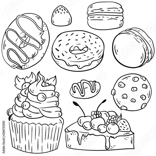 Vector contour illustration with, cake, muffin, cupcake, cookie, chocolate, candy, donut and macaroon on white background. Good for printing. Coloring book idea. Doodle style.