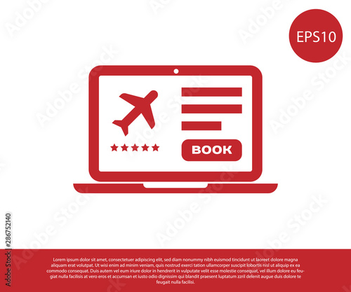 Red Laptop with electronic boarding pass airline ticket icon isolated on white background. Passenger plane mobile ticket for web and app. Vector Illustration