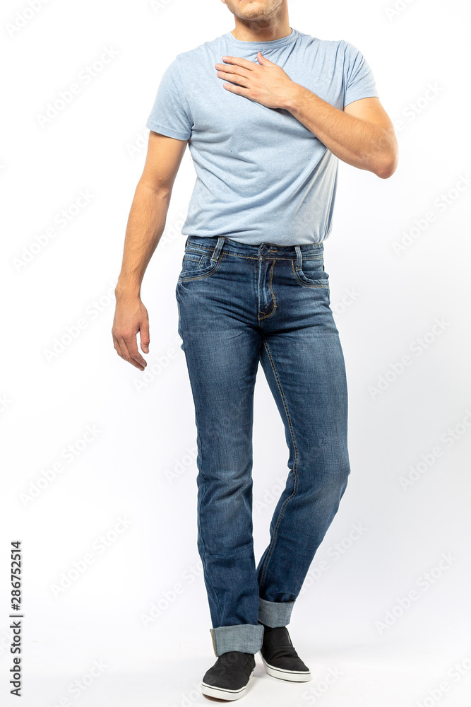 man in jeans, denim pants closeup on white background, blue jeans man in jeans, denim pants closeup on white background, blue jeans
