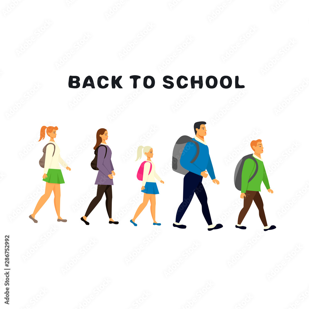 Students going to school. Back to school cute illustrations with children.