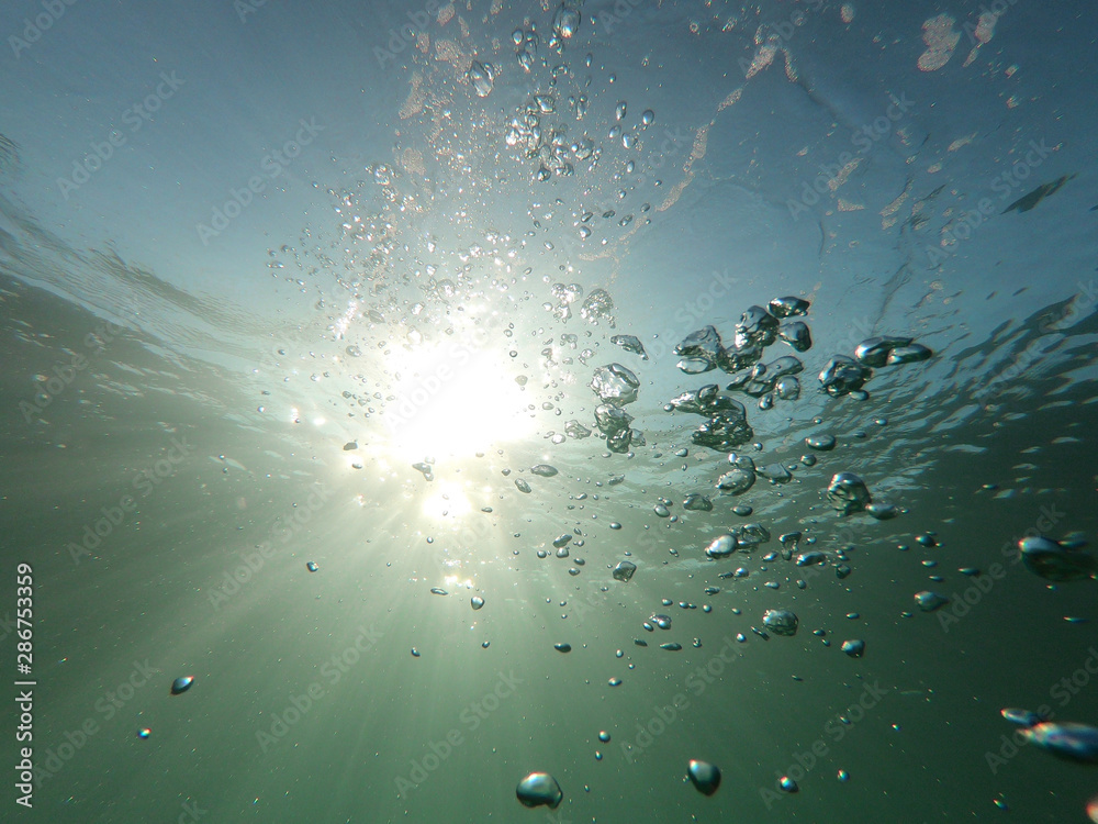 Fototapeta premium Underwater bubbles with sunlight through water surface as seen in natural scene at Caribbean turquoise open ocean sea