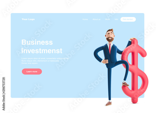 Fototapeta Naklejka Na Ścianę i Meble -  3d illustration. Businessman Billy with big dollar sign. Web banner, start site page, infographics, investments concept.